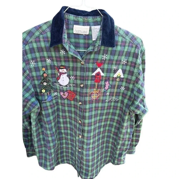 Casey & Max Christmas Plaid Long Sleeve Embroidered Button Up Shirt Size Large - Picture 1 of 6